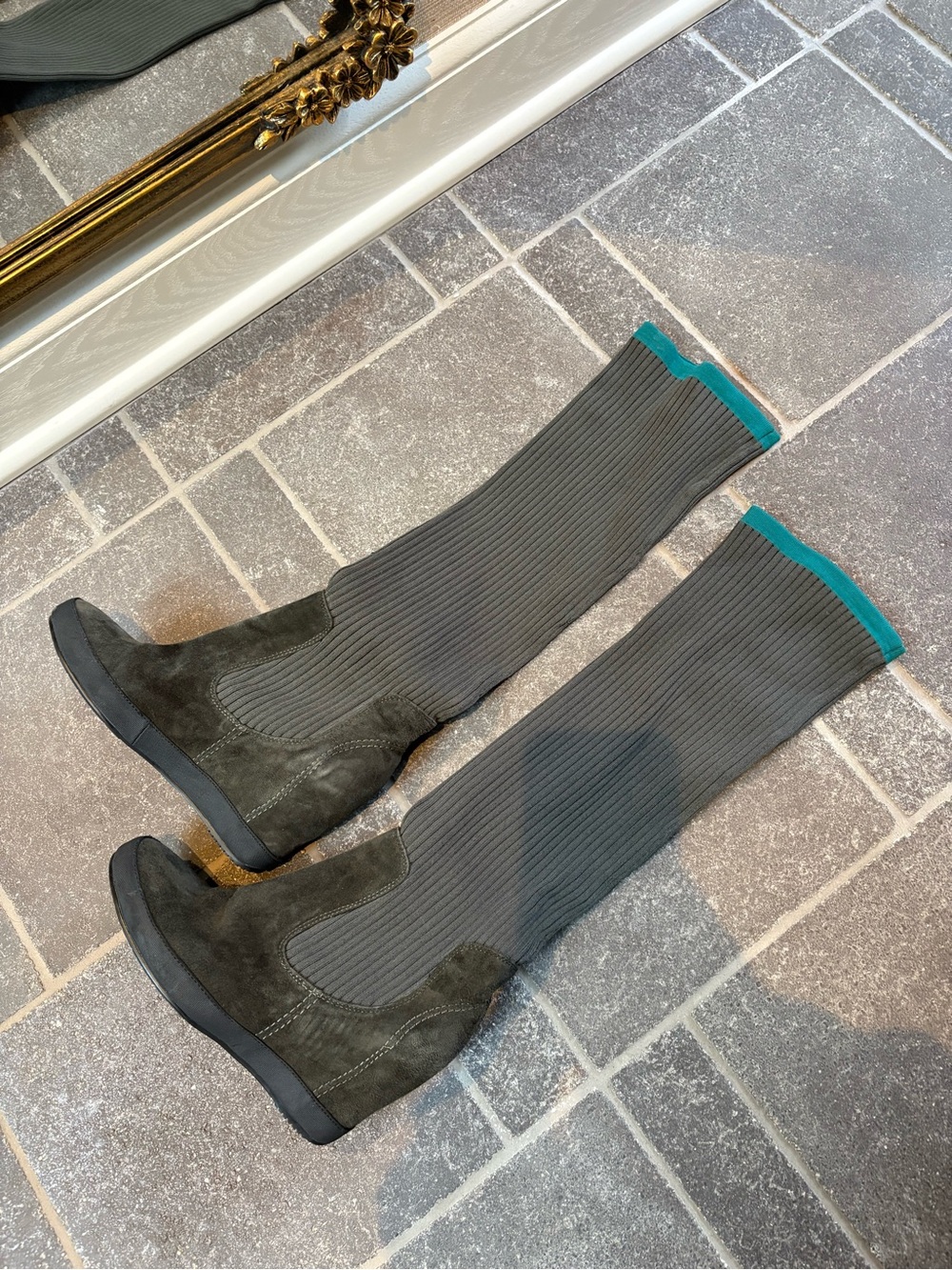 Knee-High Ribbed Sock Boots with Teal Trim